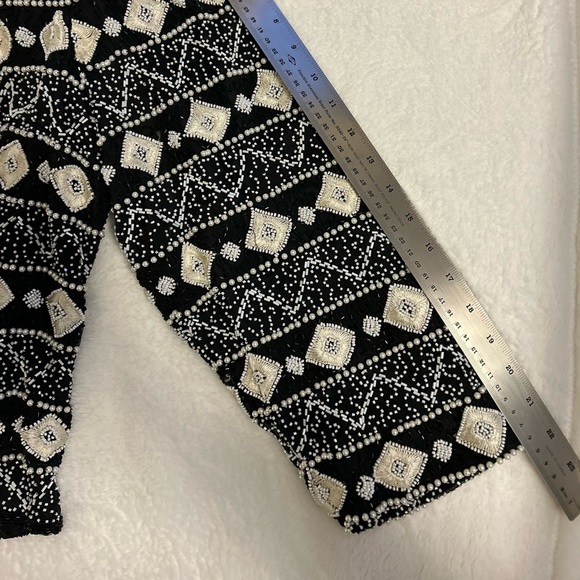 Beaded Blazer Crew Neck w Shoulder Pads Formal Black White Womens Size 2X Papel - Picture 9 of 11